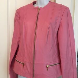 Pink all leather zip up jacket w/ zippered pockets